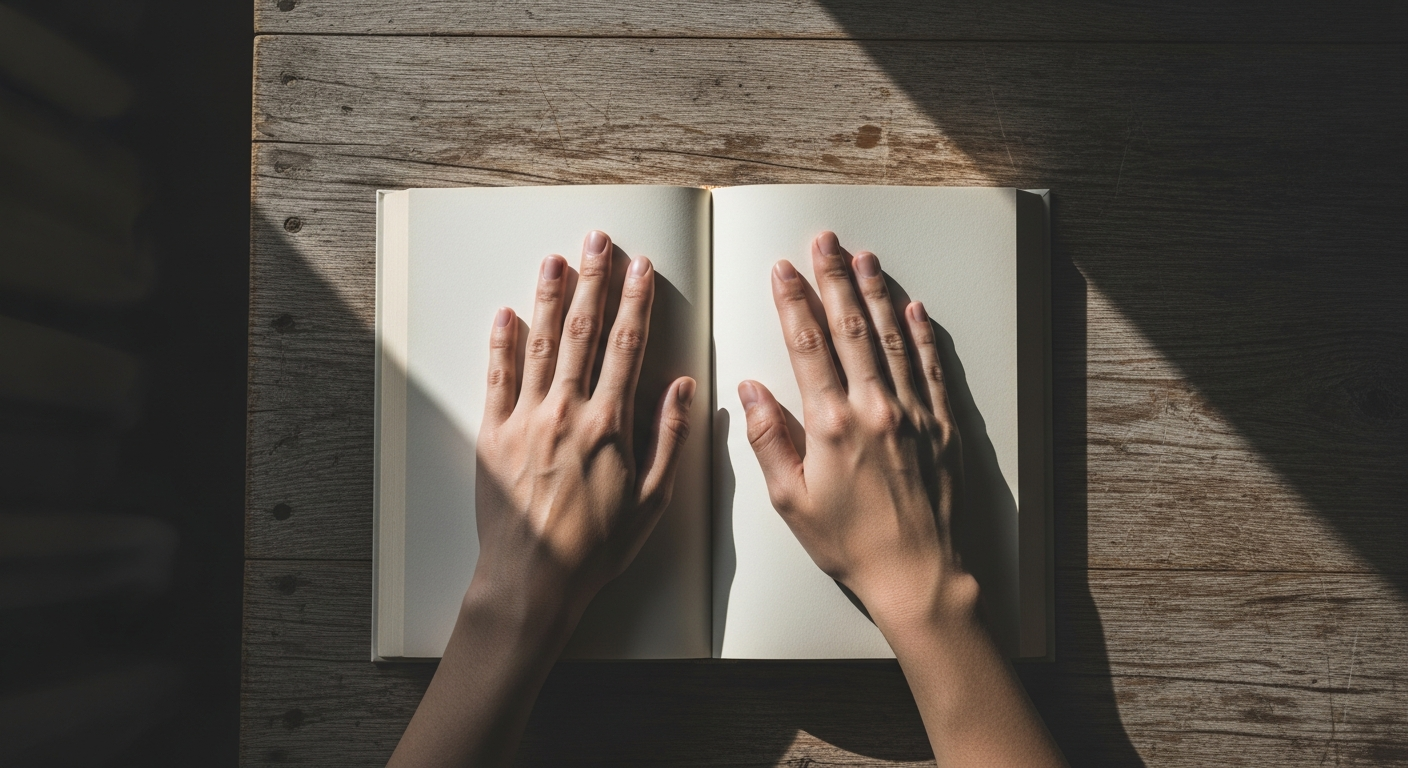 A pair of hands resting on the open pages of a hardcover book on a wooden table in soft natural light.