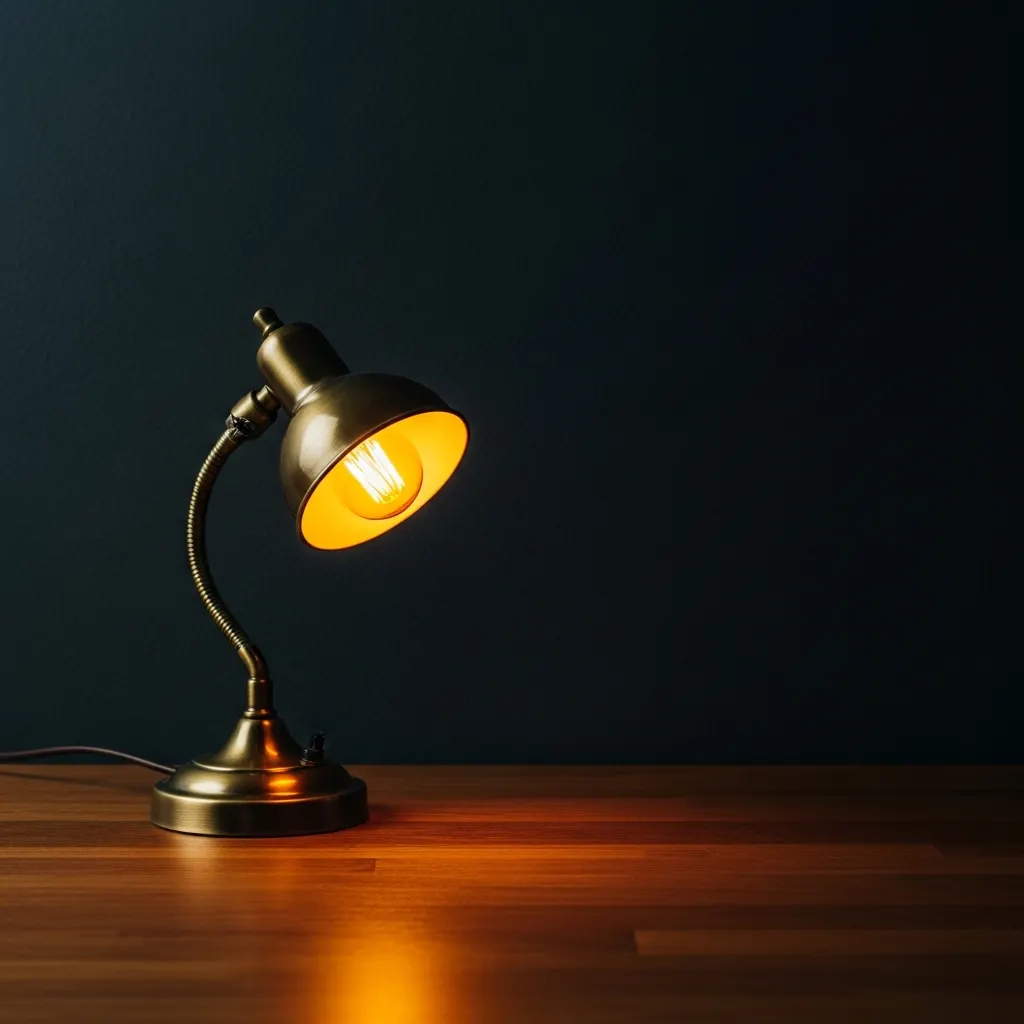 A small desk lamp casts warm amber light across a wooden desk against a dark charcoal wall.