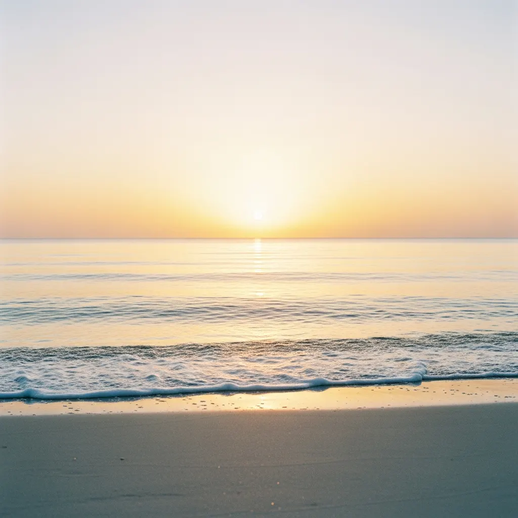 A calm sunrise over a quiet ocean beach with soft pink and gold sky meeting still water.