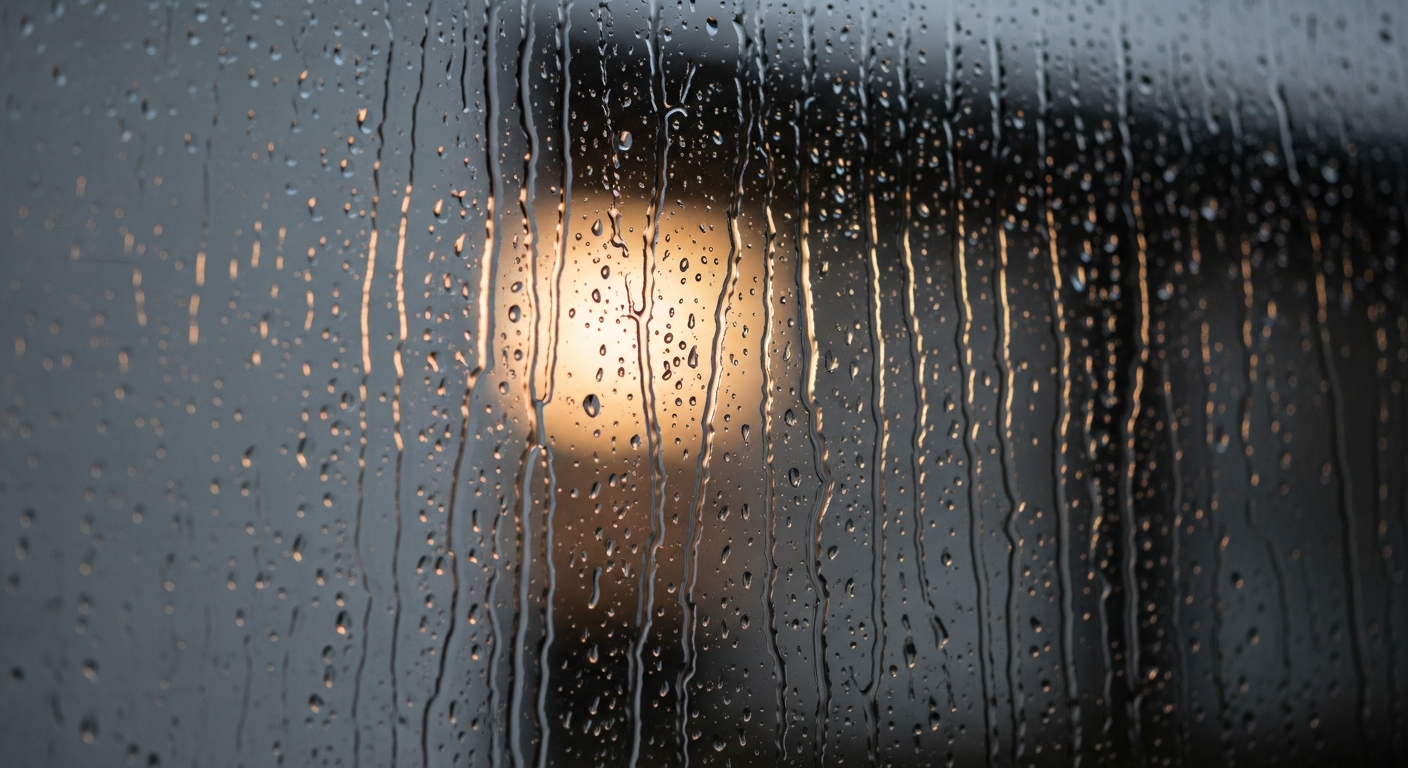 Rain droplets running down a window pane with soft warm interior light visible through the glass.