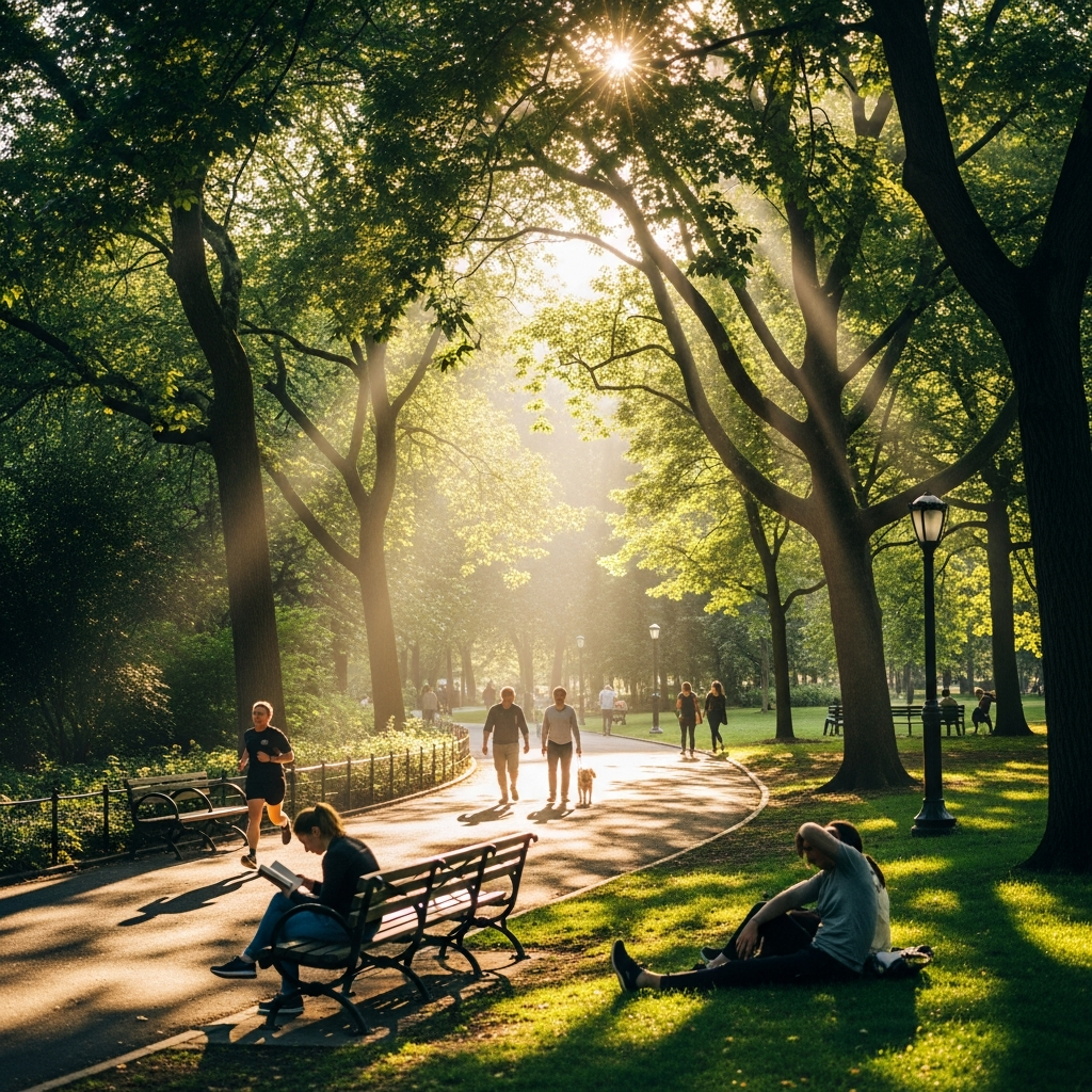 A sunlit city park on a bright morning with people walking, jogging, and sitting on benches under tall trees.
