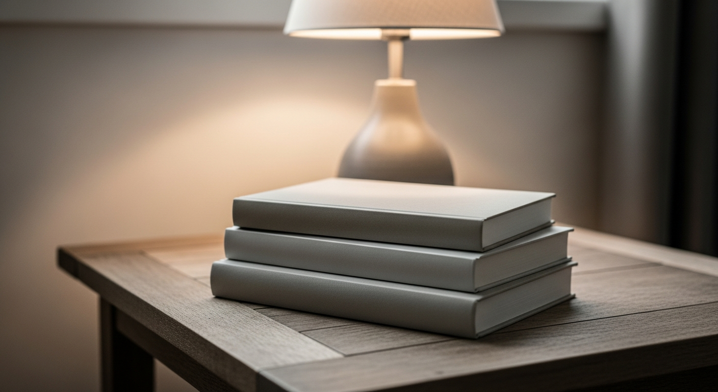 A small stack of plain hardcover books on a wooden side table beside a softly glowing lamp in warm low light.