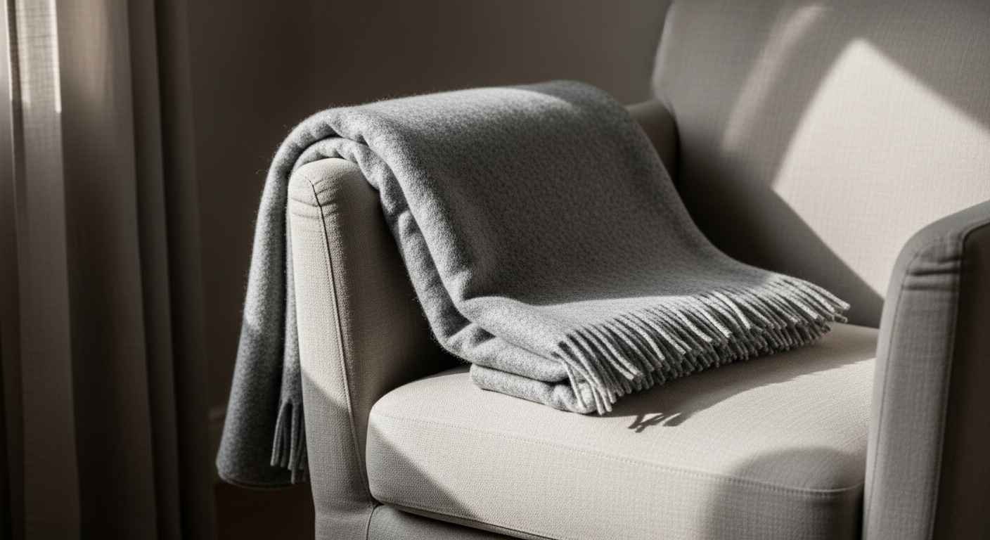 A folded blanket on a chair near a sunlit window.