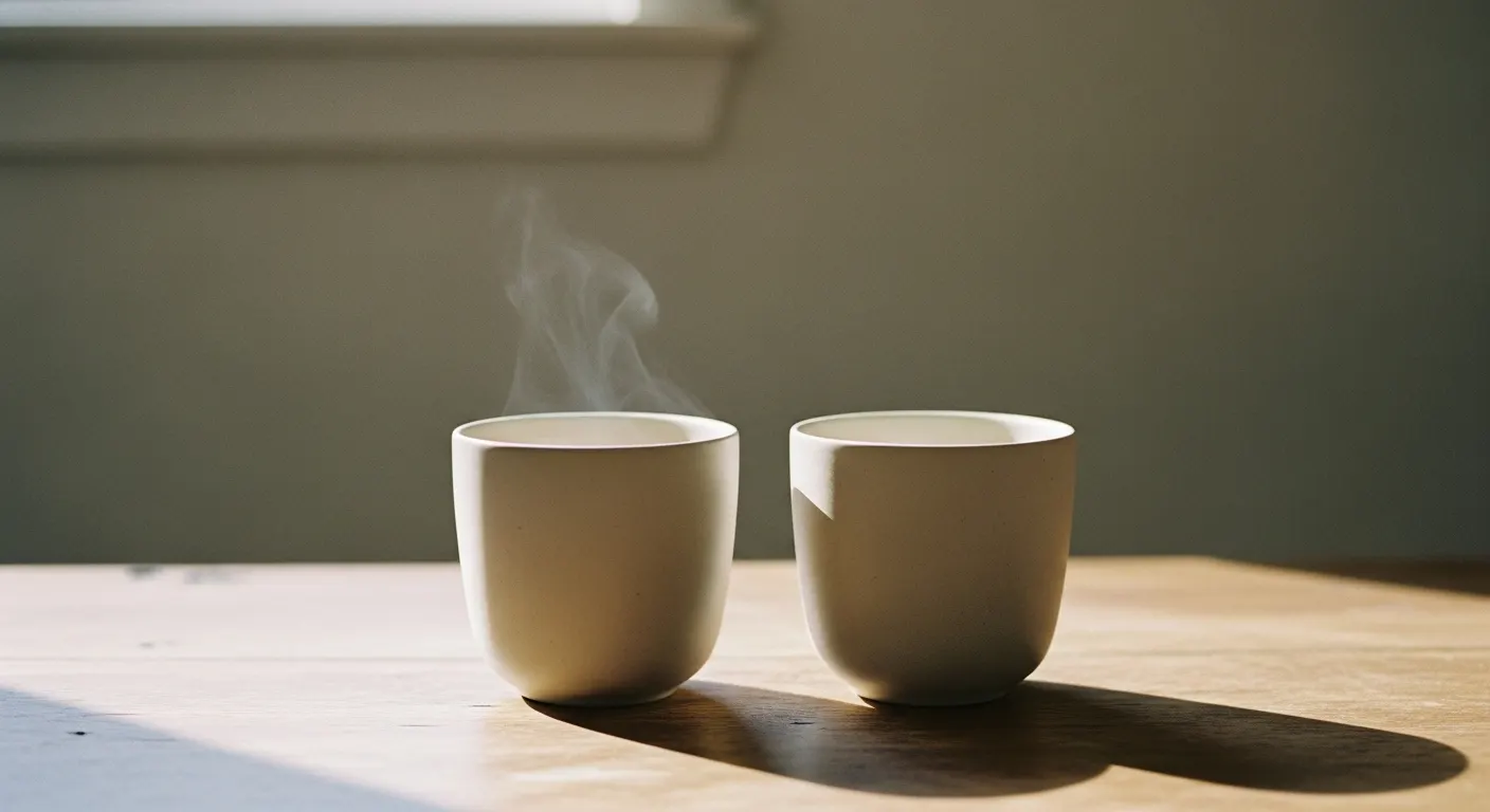 Two simple ceramic cups on a worn wooden table in soft natural daylight, one full and faintly steaming, the other empty, used to illustrate the article on the difference between depression and sadness.