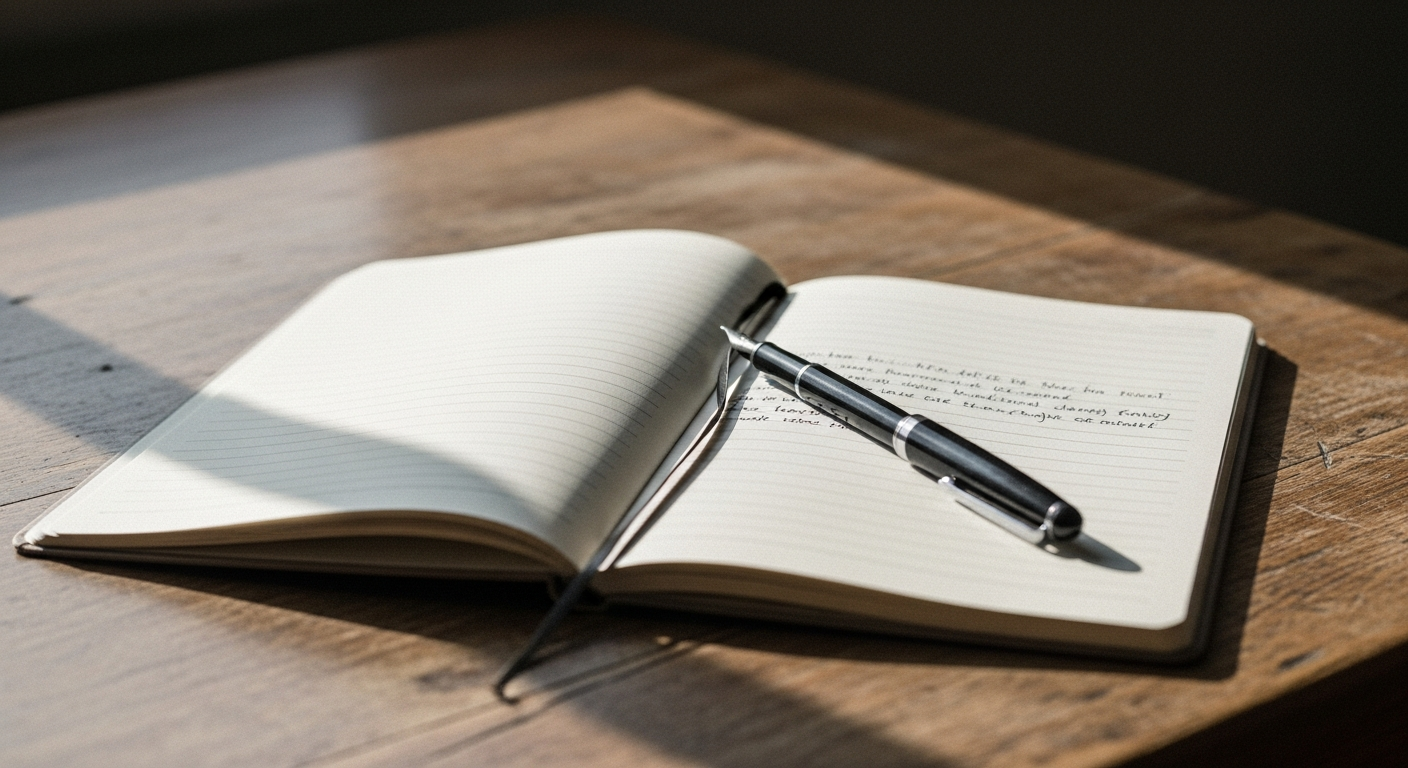 An open lined notebook with a fountain pen resting on its page on a worn wooden desk in soft side daylight.