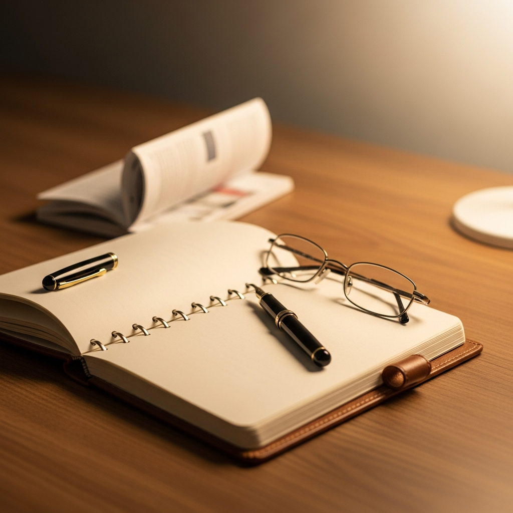 An open leather notebook with a fountain pen and reading glasses on a wooden desk in warm side light.