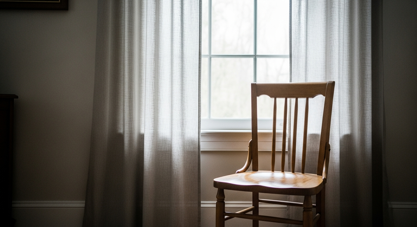 An empty chair near a sun-filled window.